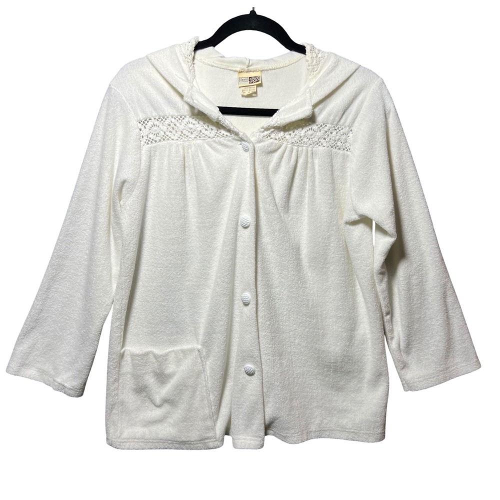 Vintage Sears White Terry Cloth Hooded Cardigan Crochet Lace M‎ Ivory Loungewear
